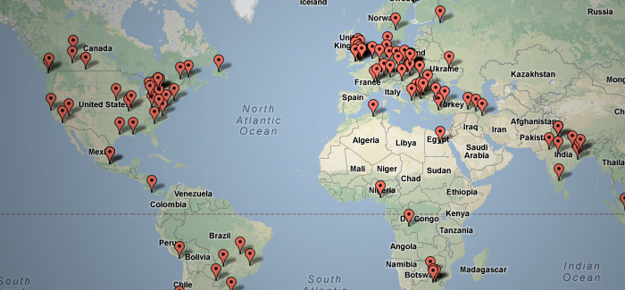 Map of the world with pinned locations